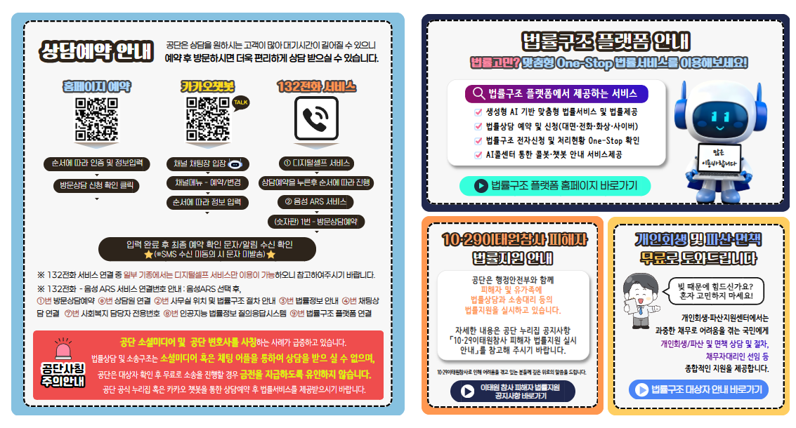 상담예약 안내 공단은 상담을 원하시는 고객이 많아 대기시간이 길어질 수 있으니  예약 후 방문하시면 더욱 편리하게 상담 받으실 수 있습니다. 홈페이지예약 순서에따라 인증 및 정보입력 방문상담신청 확인 클릭 카카오챗봇 채널 채팅창입장 채널메뉴-예약/변경 순서에 따라 정보입력 132전화 서비스 ⓛ디지털셀프 서비스 상담예약을 누른후 순서에 따라 진행 ②음성ARS서비스 (숫자판)1번-방문상담예약 입력완료 후 최종예약확인 문자/알림 수신 확인 ★(※ SMS수신 미동의 시 문자 미발송)★ ※132전화 서비스연결 중 일부 기종에서는 디지털셀프서비스만 이용이 가능하오니 참고하여주시기바랍니다. 공단사칭 주의안내 공단소셜미디어 및 공단변호사를 사칭하는 사례가 급증하고있습니다. 법률상담 및 소송구조는 소셜미디어 혹은 채팅어플을 통하여 상담을 받으실수없으며 공단은 대상자 확인후 무료로 소송을 진행할 경우 금전을 지급하도록 유인하지 않습니다. 공단공식누리집 혹은 카카오챗봇을 통한 상담예약후 법률서비스를 제공받으시기 바랍니다. 법률구조플랫폼 안내 법률고민? 맞춤형 One-Stop 법률서비스를 이용해보세요! 법률구조플랫폼 홈페이지 바로가기 10·29이태원참사 피해자 공단은 행정안전부와 함께 피해자 및 유가족에 법률상담과 소송대리 등의 법률지원을 실시하고 있습니다. 자세한 내용은 공단 누리집 공지사항 「10·29이태원참사 피해자 법률지원 실시 안내」를 참고해 주시기 바랍니다. 이태원 참사 피해자 법률지원 공지사항 바로가기 개인회생 및 파산·면책 무료로 도와드립니다. 개인회생·파산지원센터에서는  과중한 채무로 어려움을 겪는 국민에게 개인회생/파산 및 면책 상담 및 절차, 채무자대리인 선임 등 종합적인 지원을 제공합니다. 법률구조 대상자 안내 바로가기